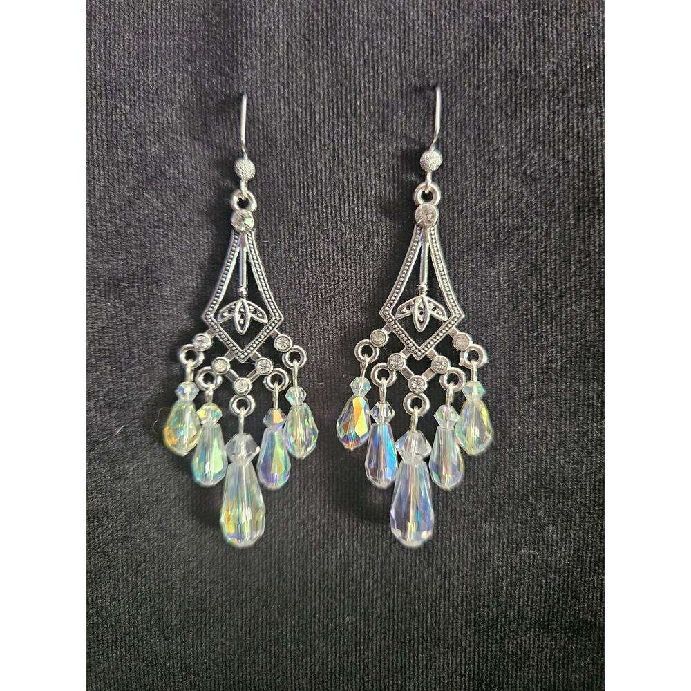 Antique silver clear iridescent glass crystal Art Deco style chandelier earrings